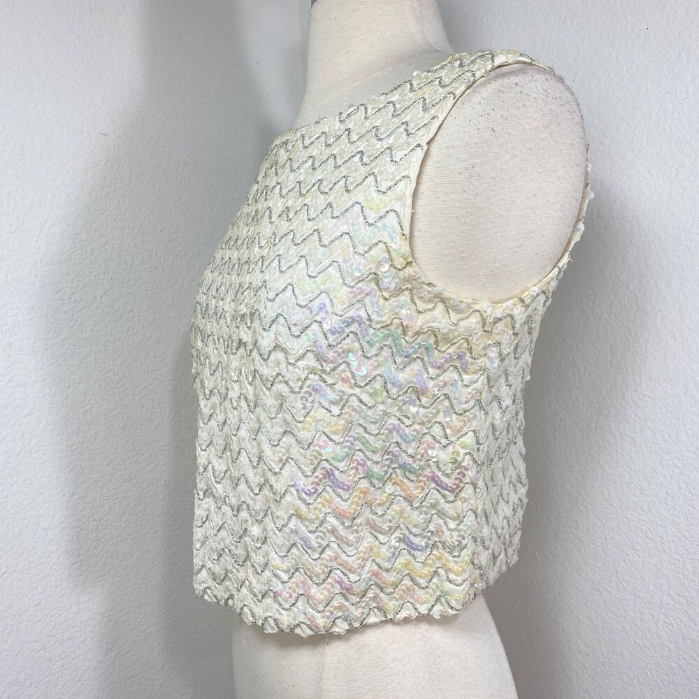Vintage White Sequin Crop Cocktail Tank Top Medium Glam Evening Date Night - Picture 6 of 8